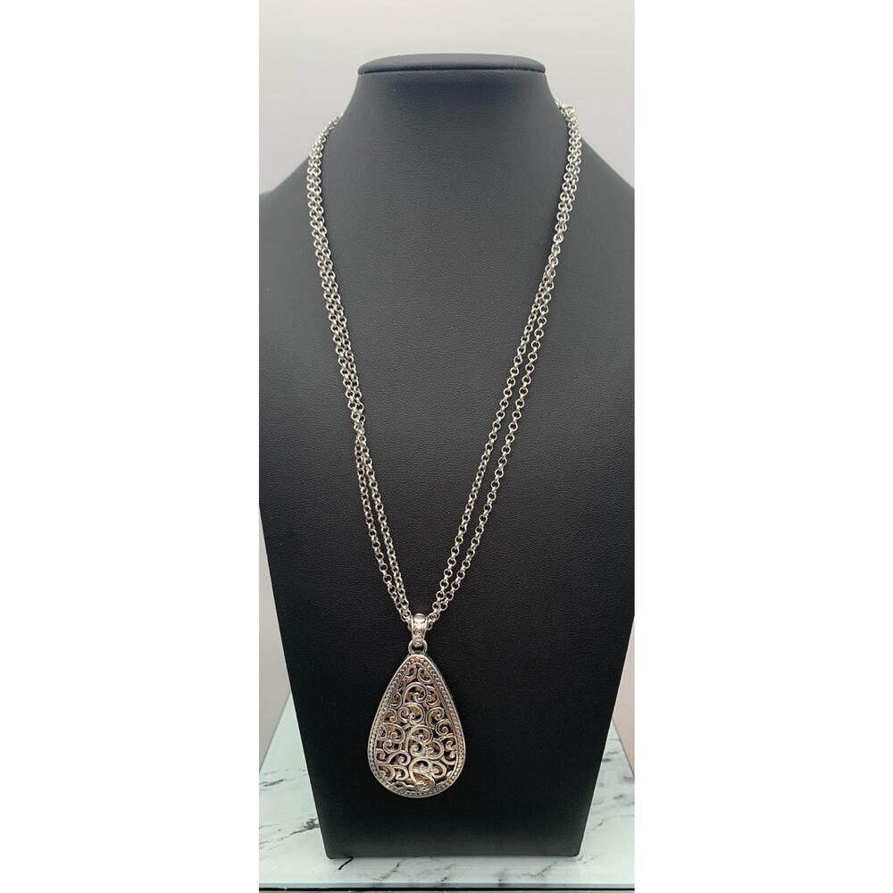 Silver Tone Double Chain Tear Drop Reversible To Gold Tone Pendant Necklace